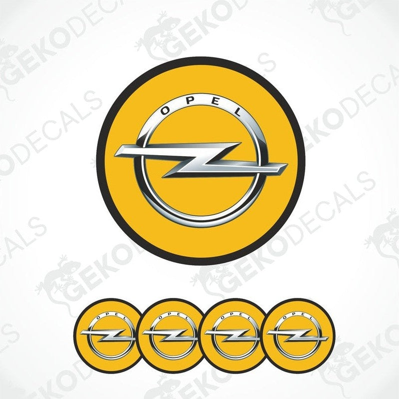 A set of four yellow vinyl stickers with a silver OPEL logo, designed for use as car decals.