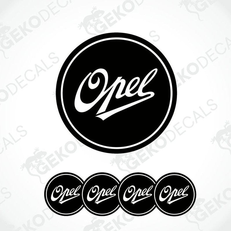 A set of four black and white vinyl stickers with the OPEL brand logo.