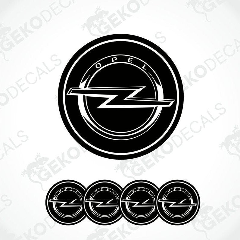 A set of four black vinyl stickers with the OPEL brand logo designed for use on car wheels.