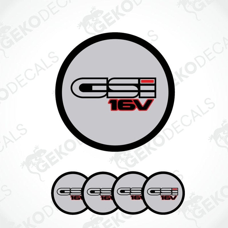 A set of four gray vinyl stickers with the text 'OPEL GSI 16V' and a red and white logo on them.