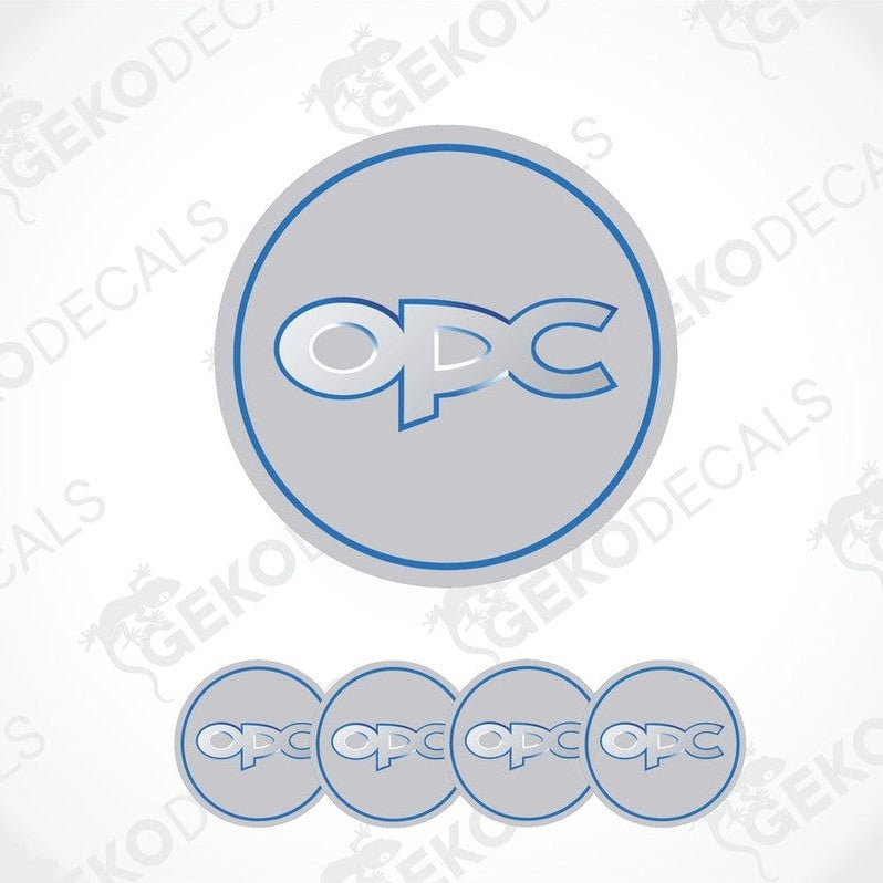 A set of four grey vinyl stickers with the text 'OPEL OPC' in the center, designed for use on vehicle wheels.