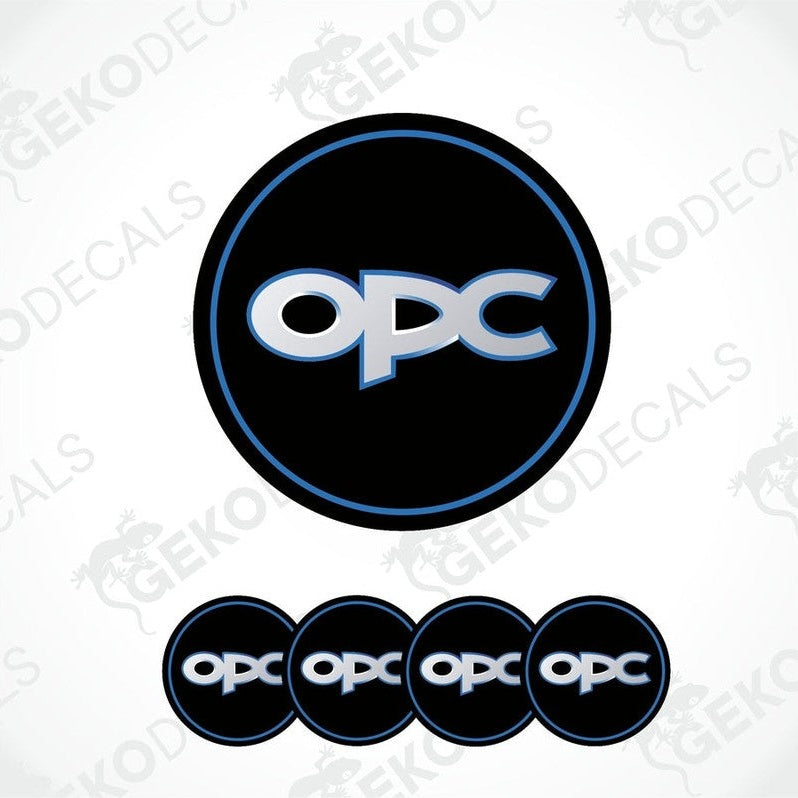 A set of four round car decals with the OPEL OPC logo in black, blue, and white colors.