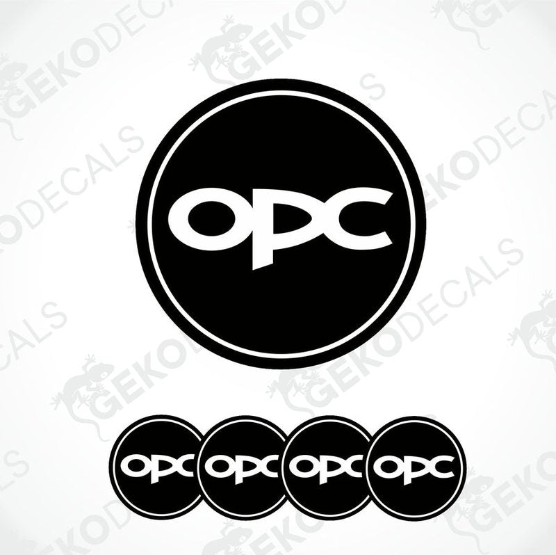 A set of four black vinyl stickers with the white text 'OPEL OPC' designed on them