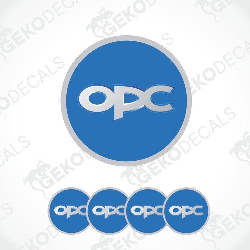 A set of four blue vinyl stickers with the text 'OPEL OPC' in the center, designed for use on vehicle wheels.