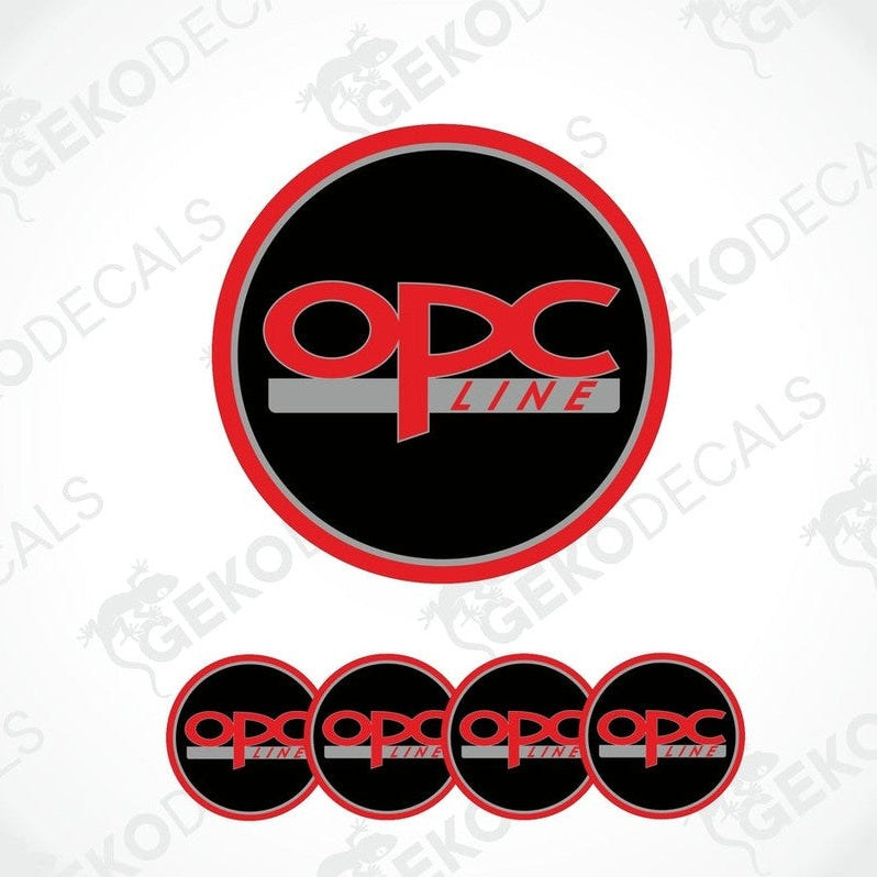 A set of four red, white, and black vinyl stickers with the 'OPC LINE' branding.