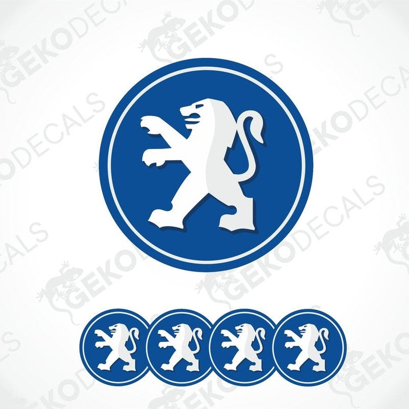 A set of four blue vinyl decals with a white PEUGEOT lion emblem, designed for use as car wheel stickers.