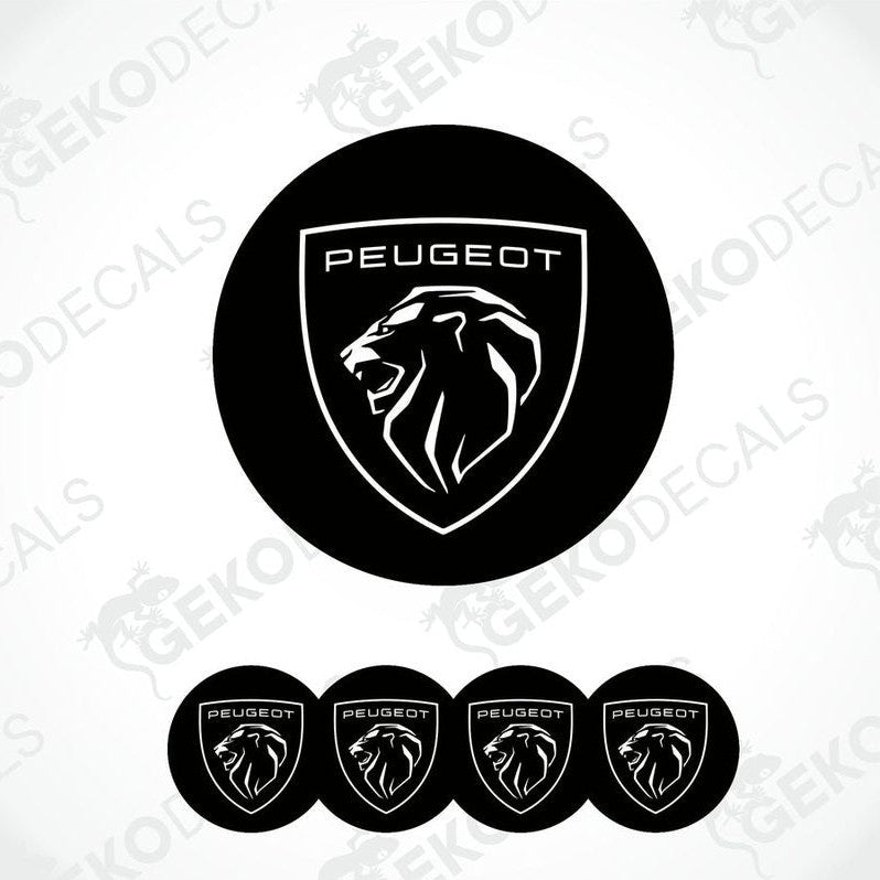 A set of four black vinyl stickers with the PEUGEOT brand logo.