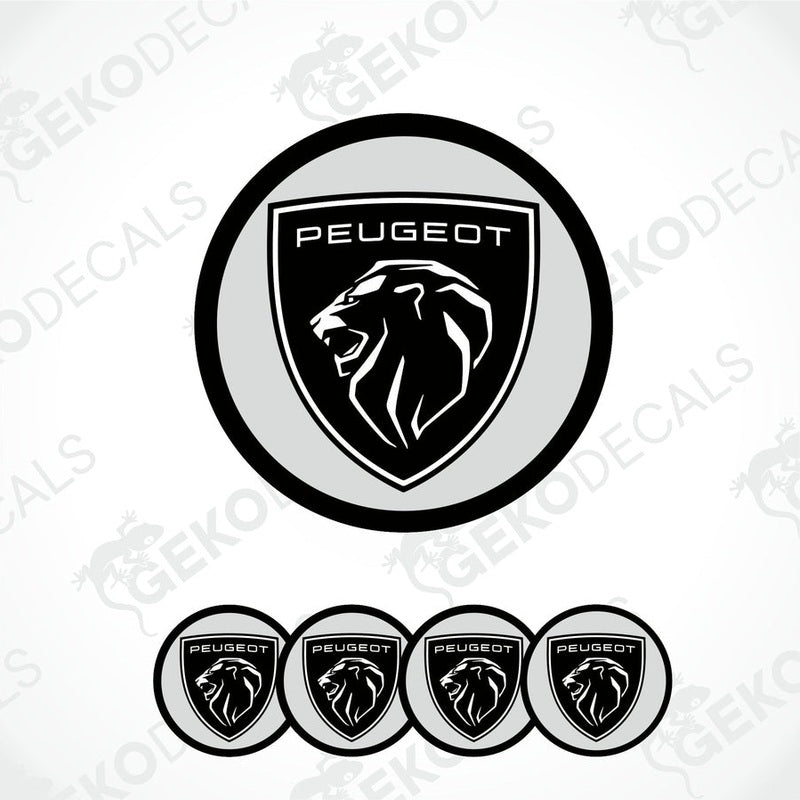 A set of four silver-colored Peugeot branded vinyl stickers with a lion logo, displayed against a white background.