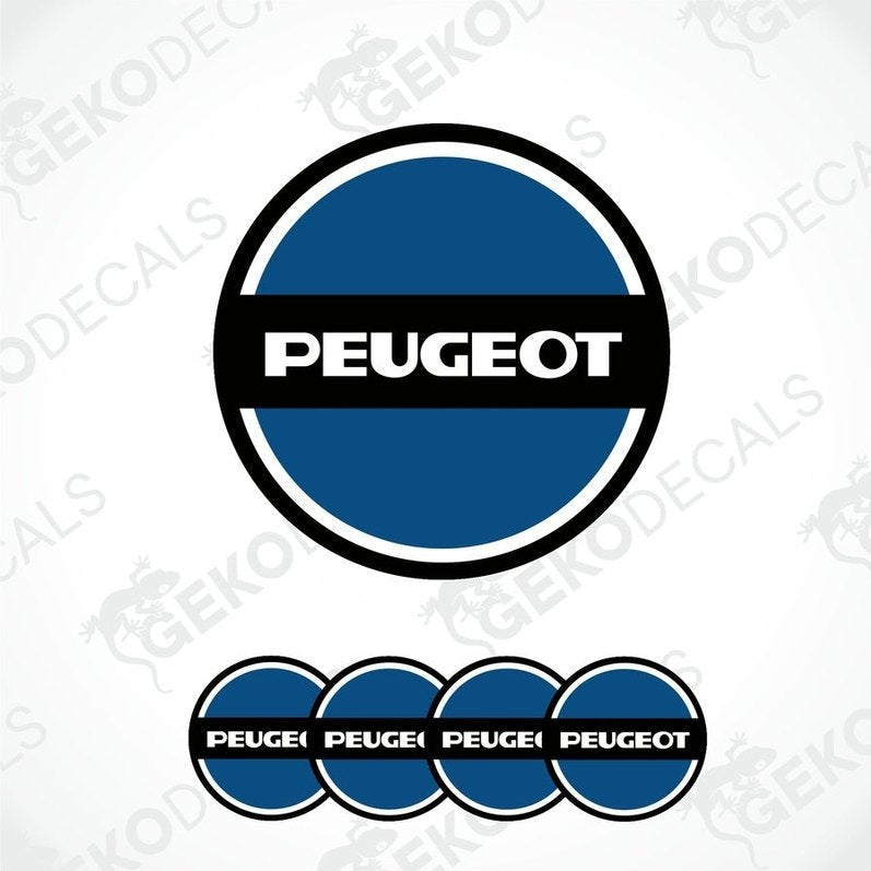 A set of four blue and white vinyl stickers with the Peugeot brand logo.