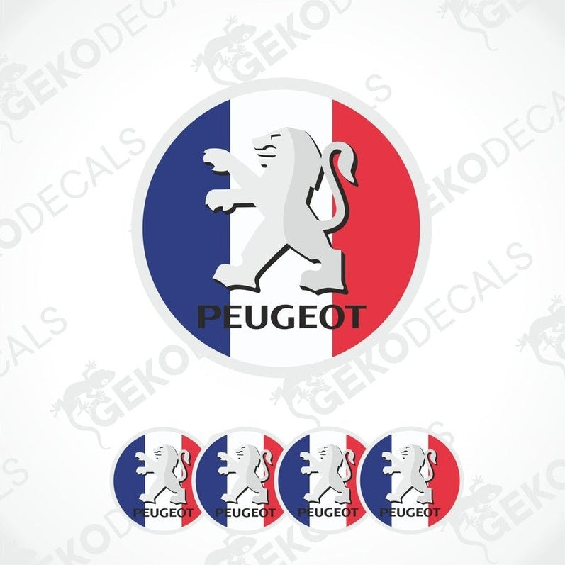 A set of four white vinyl stickers with the Peugeot brand logo and a design resembling the French flag, including shades of red, white, and blue.