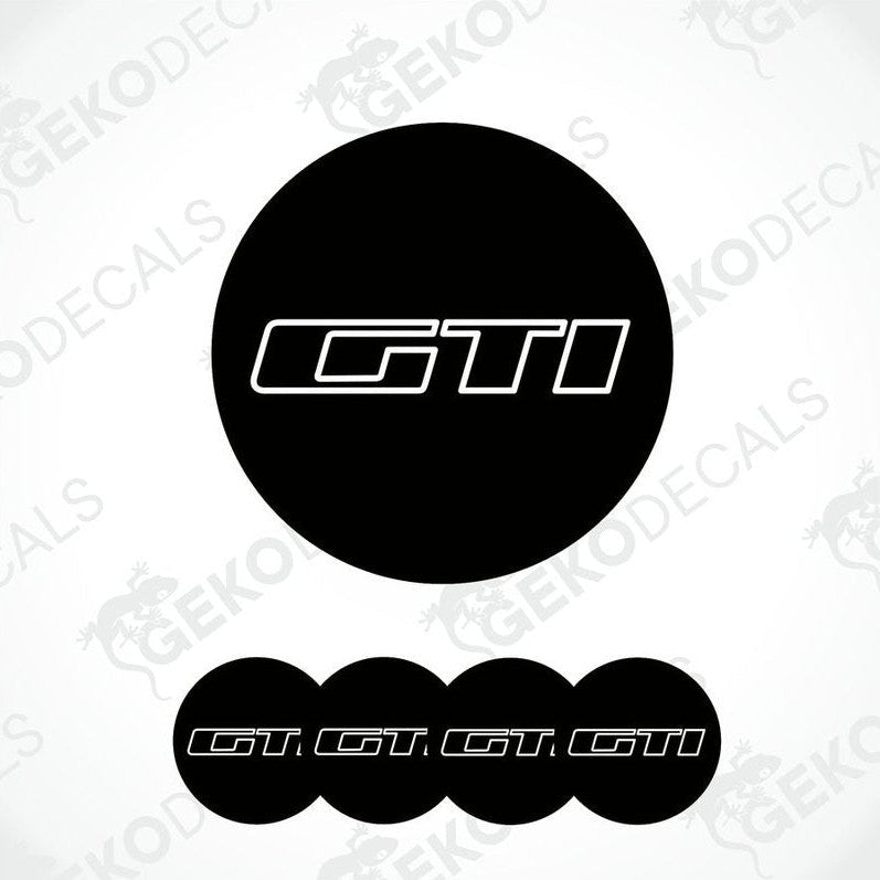 A set of four black vinyl stickers with the word 'PEUGEOT GTI' printed on them, designed for use as car decals.