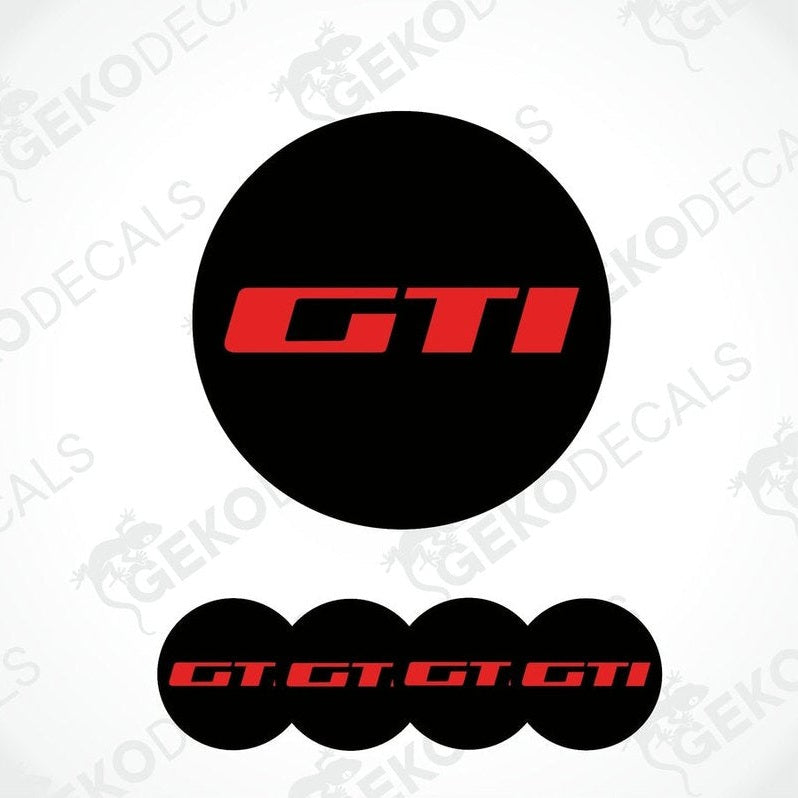 A set of four black vinyl stickers with the word 'PEUGEOT GTI' written in red.