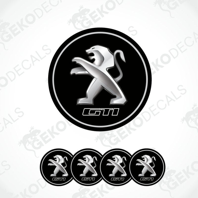 A set of black and silver PEUGEOT GTI vinyl decals, with one large decal featuring the GTI logo and four smaller ones for wheels.
