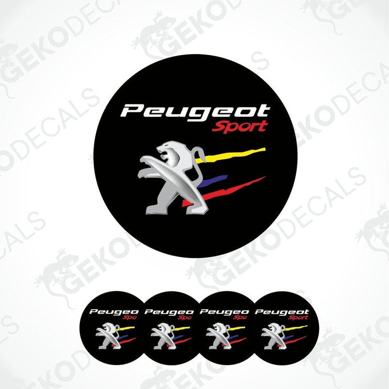 A set of four black vinyl stickers with a Peugeot Sport logo and a graphic of a Peugeot car on a track.