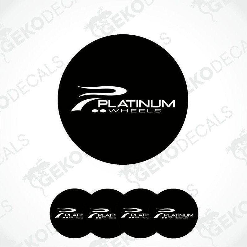 A set of four black vinyl stickers with the text 'PLATINUM WHEELS' on them, displayed against a white background.