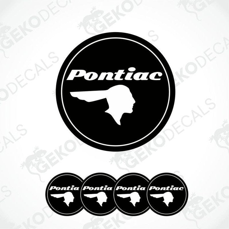 A set of four black vinyl stickers with the word 'PONTIAC' and a graphical representation of a car's wheel cap.