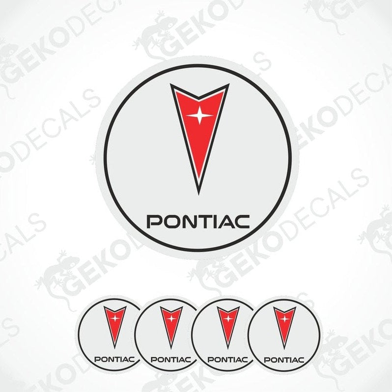 A set of four vinyl decals with polyurethane coating featuring the PONTIAC logo, predominantly red and white in color.