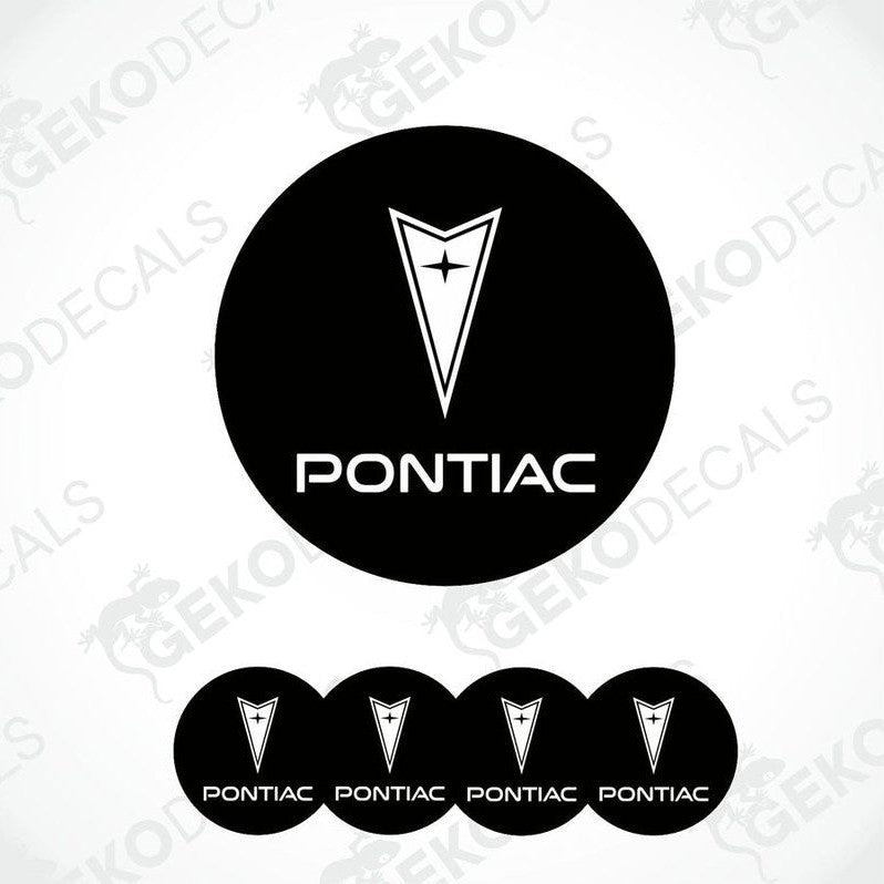 A set of four black vinyl stickers with the PONTIAC brand logo in the center.