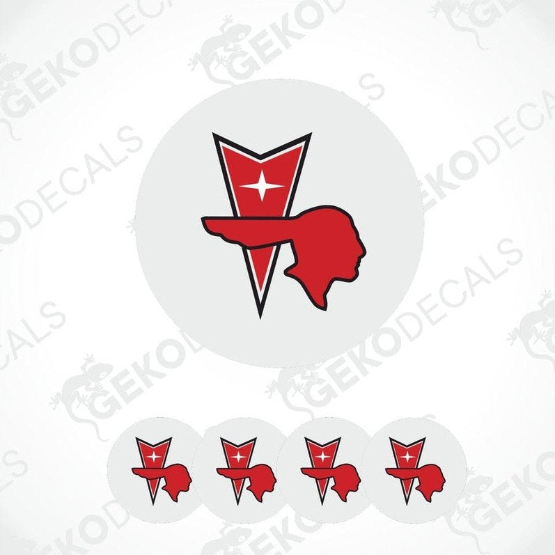 A set of four vinyl decals with polyurethane coating featuring the PONTIAC logo, predominantly red and white in color.