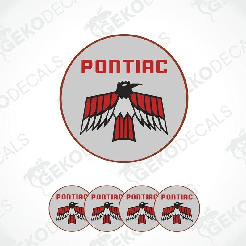 A set of four round vinyl stickers with a PONTIAC logo, predominantly featuring red and white colors, and a bird design.