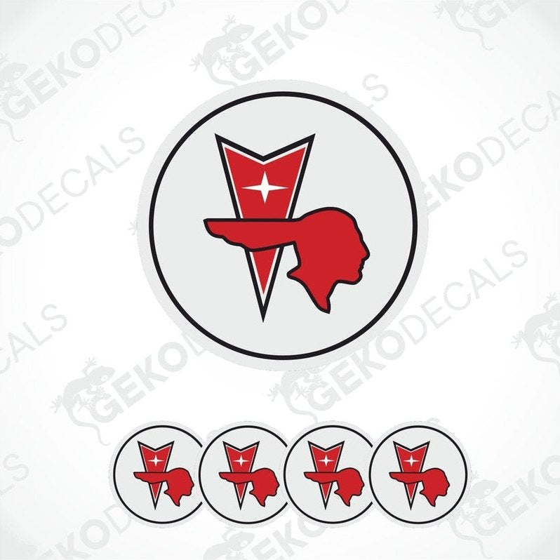 A set of four vinyl decals with polyurethane coating featuring the PONTIAC logo, predominantly red and white in color.