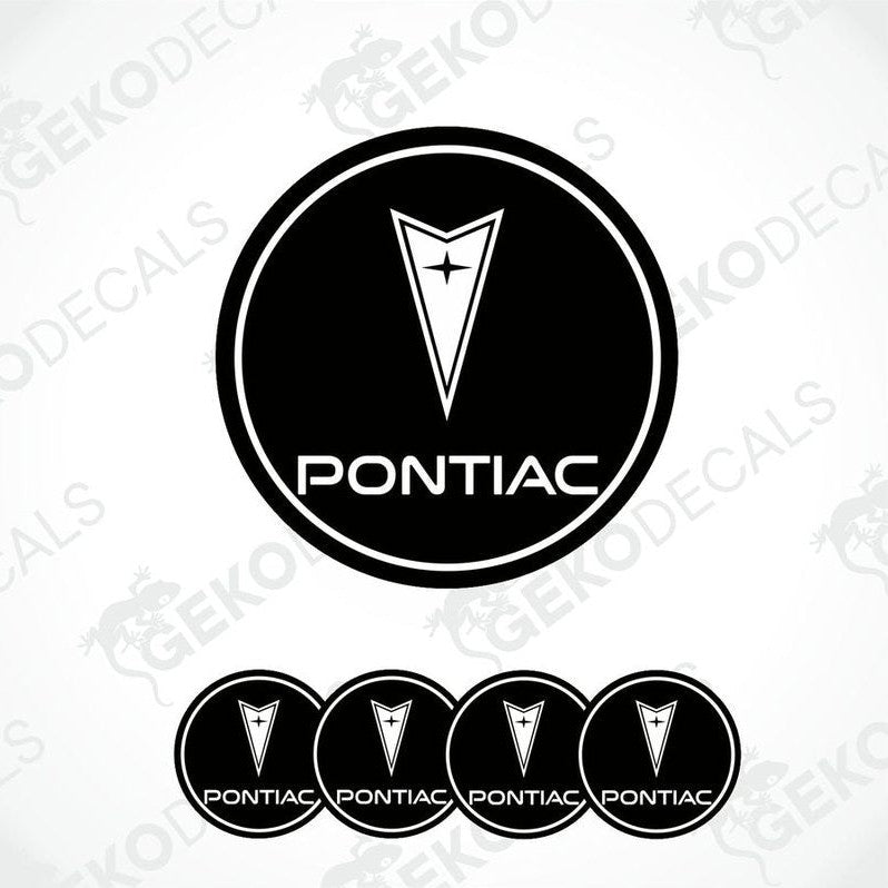 A set of four black vinyl stickers with the PONTIAC brand logo in the center.