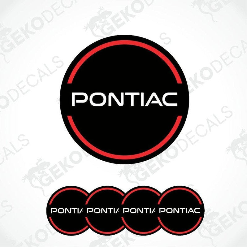 A set of four vinyl decals with polyurethane coating designed to look like PONTIAC wheel caps, predominantly black with red accents and white text.