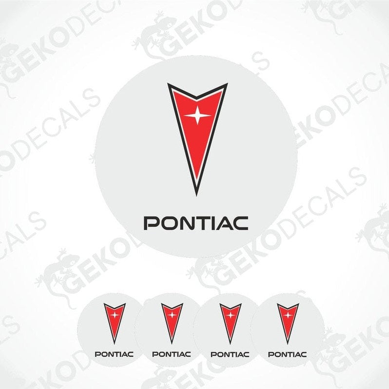 A set of four vinyl decals with polyurethane coating featuring the PONTIAC logo, predominantly red and white in color.