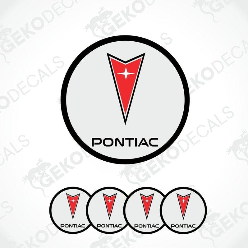 A set of four vinyl decals with a polyurethane coating featuring the PONTIAC logo, predominantly red and white in color.