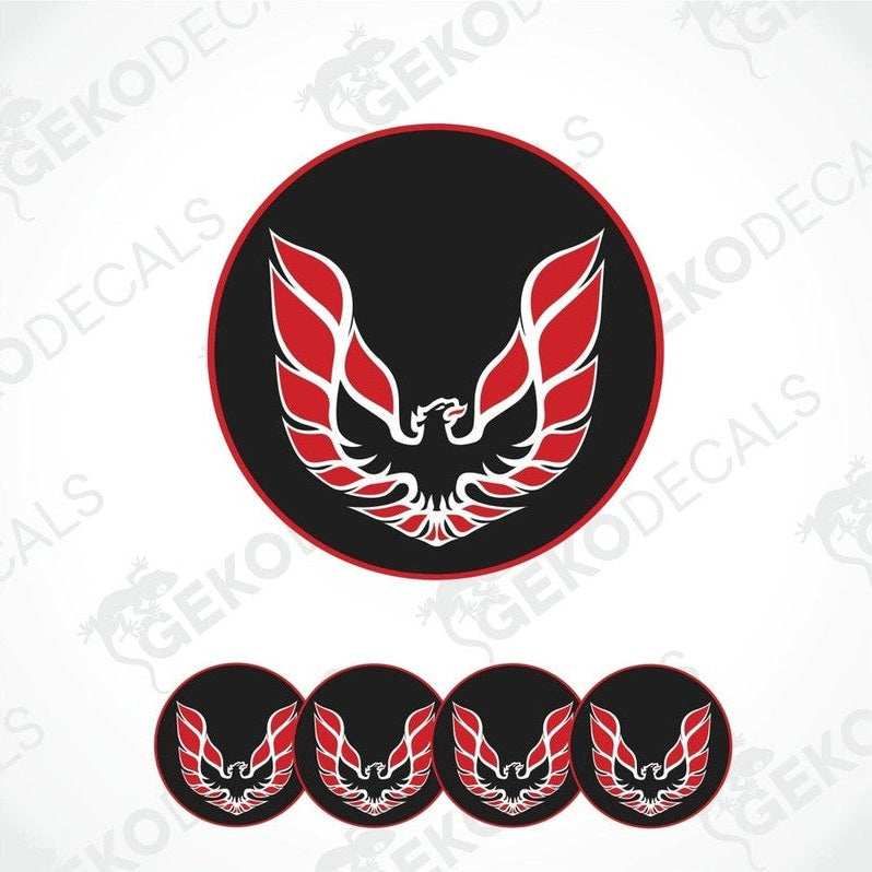 A set of four round vinyl stickers with a red and black Pontiac Firebird design on a white background.