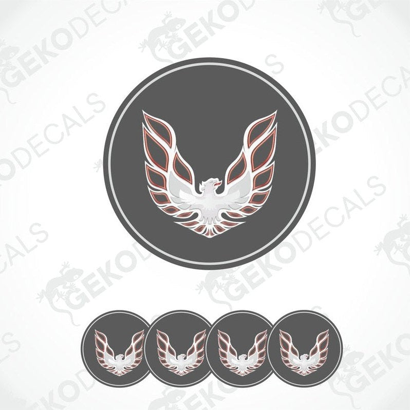 A set of four vinyl decals with a polyurethane coating featuring a white and red bird logo on a black background, designed for use on a PONTIAC FIREBIRD vehicle.
