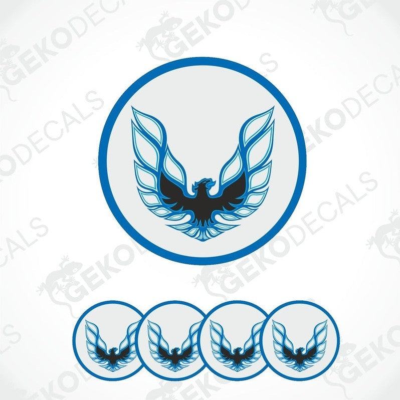 A set of epoxy decals featuring a blue and black bird design on a white background, typically associated with the PONTIAC FIREBIRD.