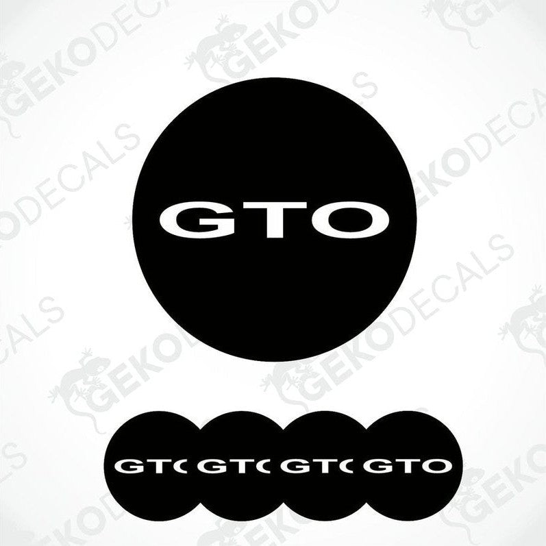 Set of four black vinyl decals with the 'GTO' logo in white, designed for use as car wheel caps.