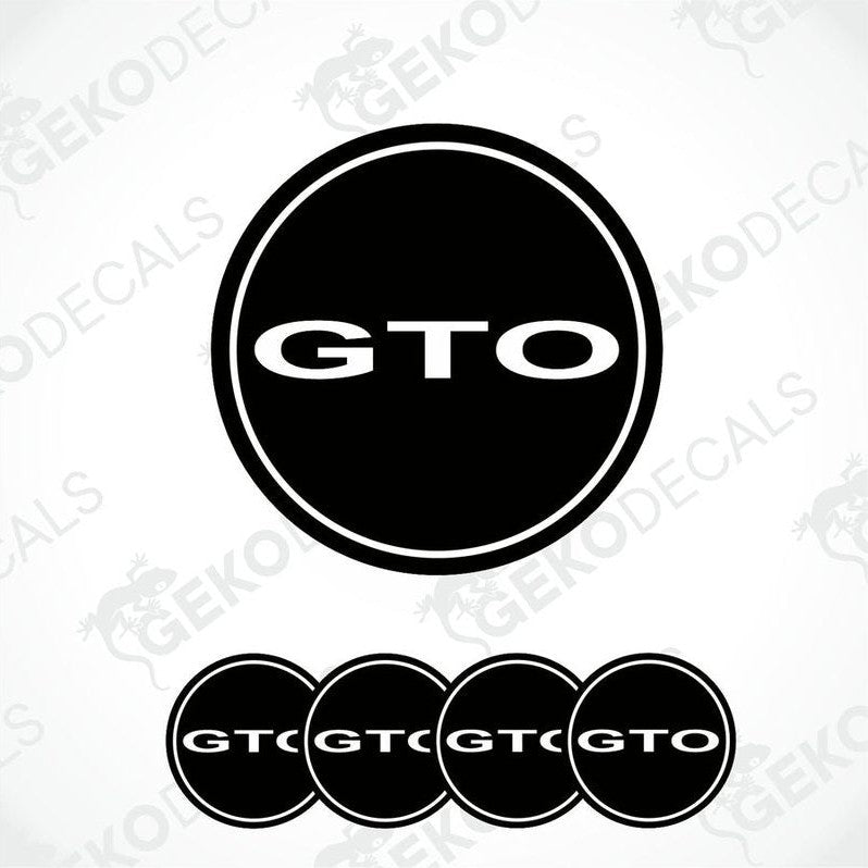 Set of four black vinyl decals with the 'GTO' logo in white, designed for use as car wheel caps.