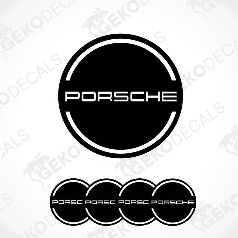 A set of four black vinyl stickers with the PORSCHE logo in white.