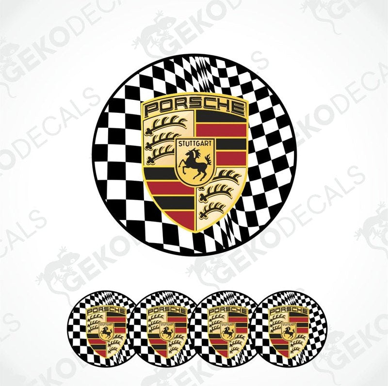 A set of four black, red, and white checkered vinyl stickers with the Porsche brand logo in the center.