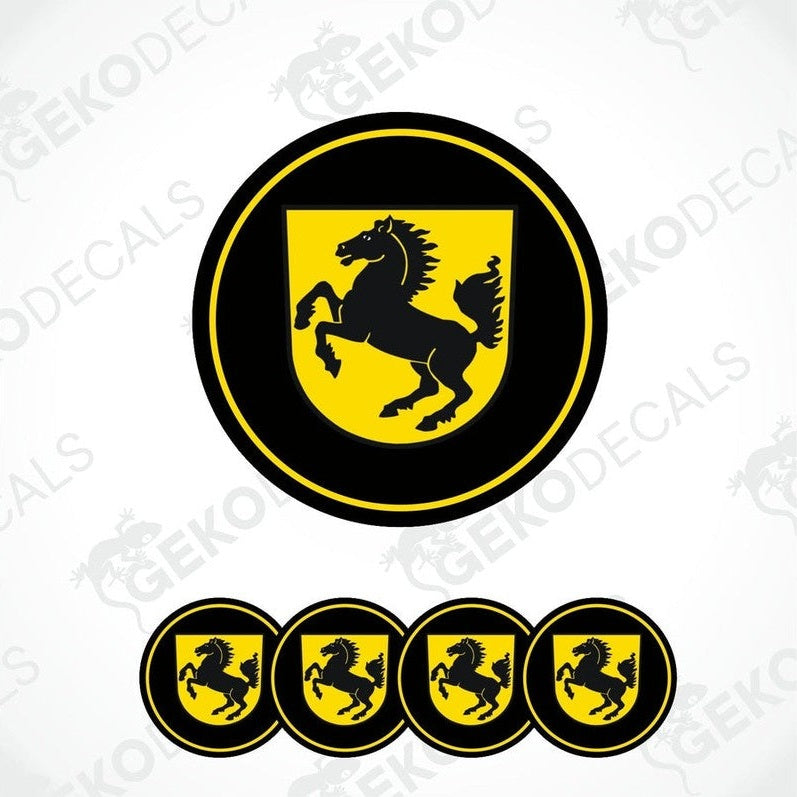A set of four yellow and black vinyl stickers with a PORSCHE logo, designed for use as car decals.