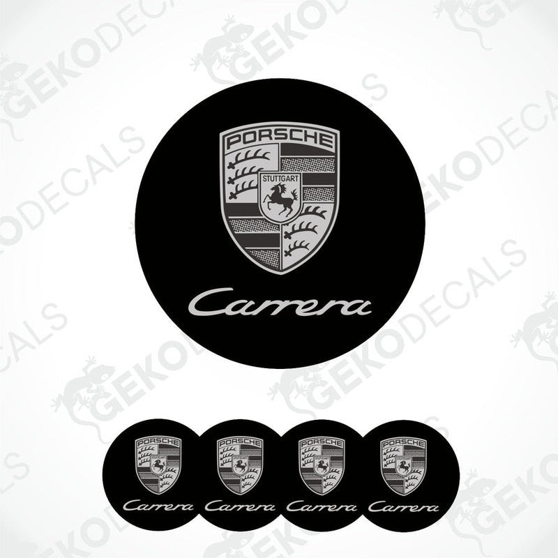 A set of four black vinyl stickers with the Porsche Carrera logo, designed for use as car decals.