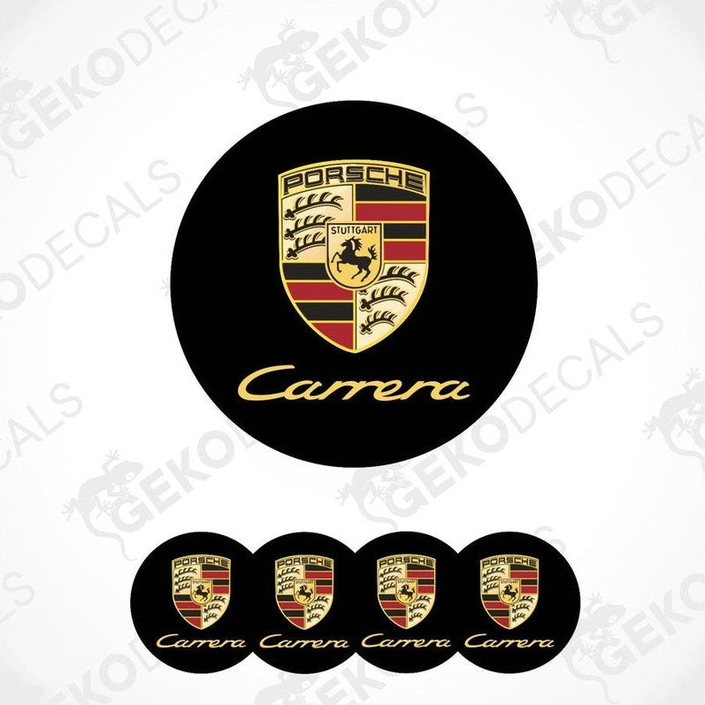 Set of vinyl decals with the Porsche Carrera logo, including one large emblem and four smaller ones, displayed on a white background.