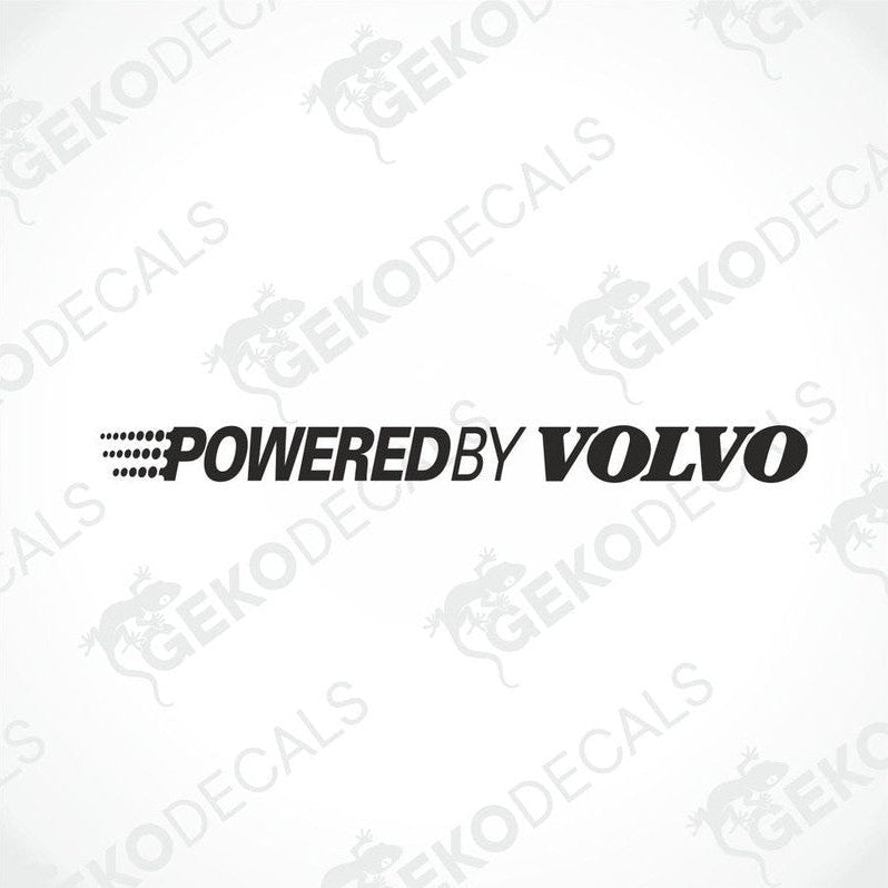 A black car with a 'POWERED BY VOLVO' decal on the front windshield.