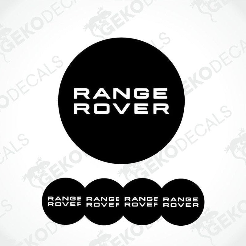A set of four black vinyl stickers with the white logo'RANGE ROVER'