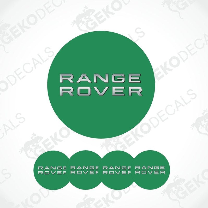 A set of four green vinyl stickers with the text 'RANGE ROVER' and a branding logo on them.