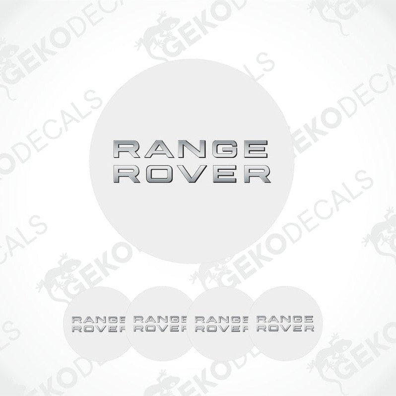 A set of four white vinyl decals with the text 'RANGE ROVER' on each, presented against a white background.