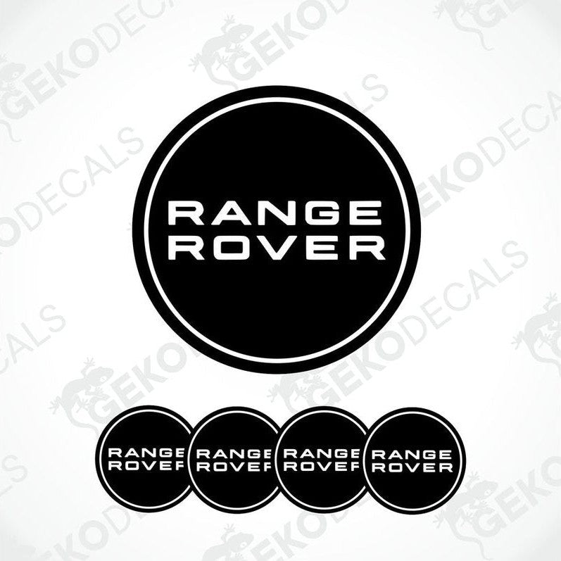 A set of four black vinyl stickers with the white logo'RANGE ROVER'