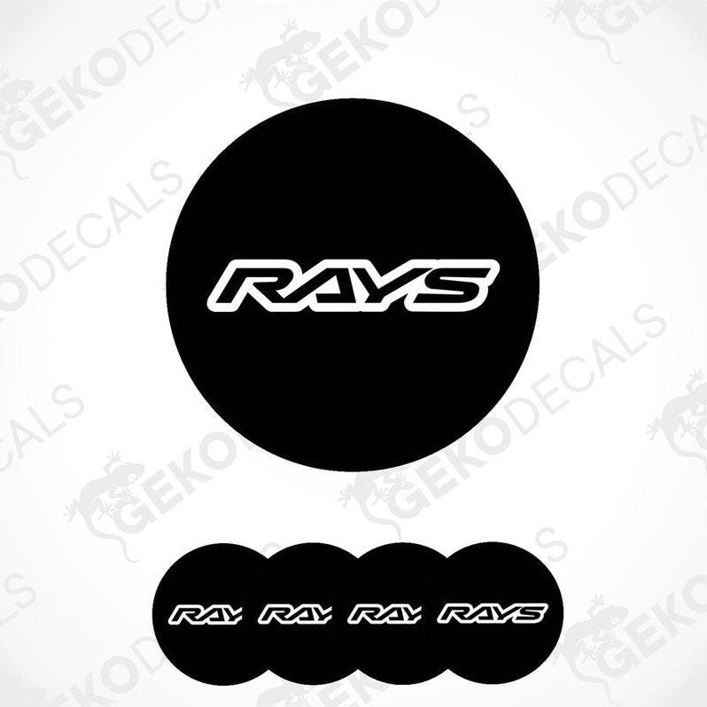A set of four black vinyl stickers with the word 'RAYS' printed on them, placed against a white background.