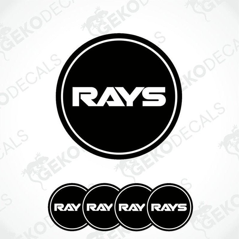 A set of four black vinyl stickers with the word 'RAYS' printed on them, arranged in a circular pattern with a white background.