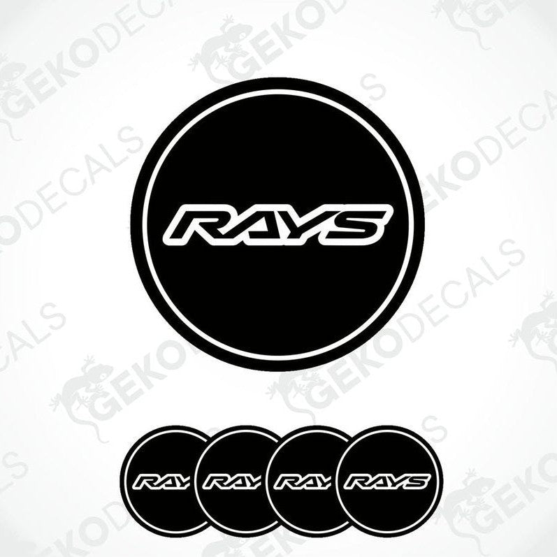 A set of four black vinyl stickers with the word 'RAYS' printed on them, placed against a white background.