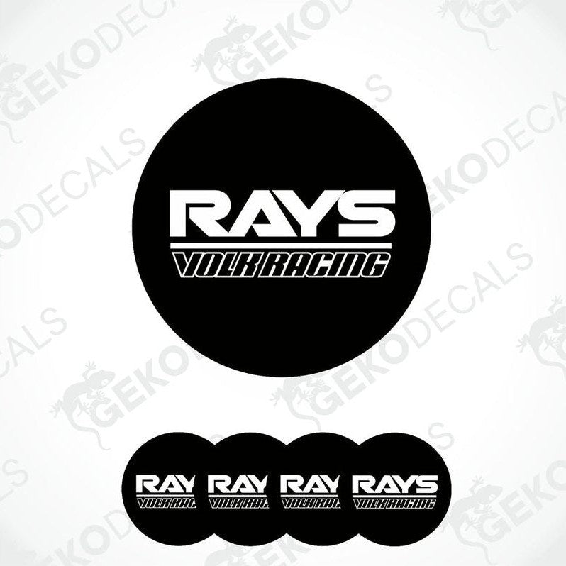 A set of four black vinyl stickers with the text 'RAYS VOLK RACING' in white.