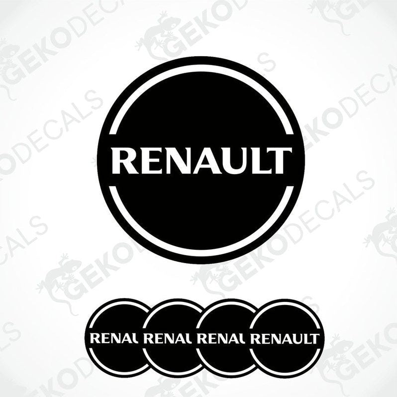 A set of four black, white, and gray Renault branded vinyl stickers with a dome shape and a polyurethane coating.