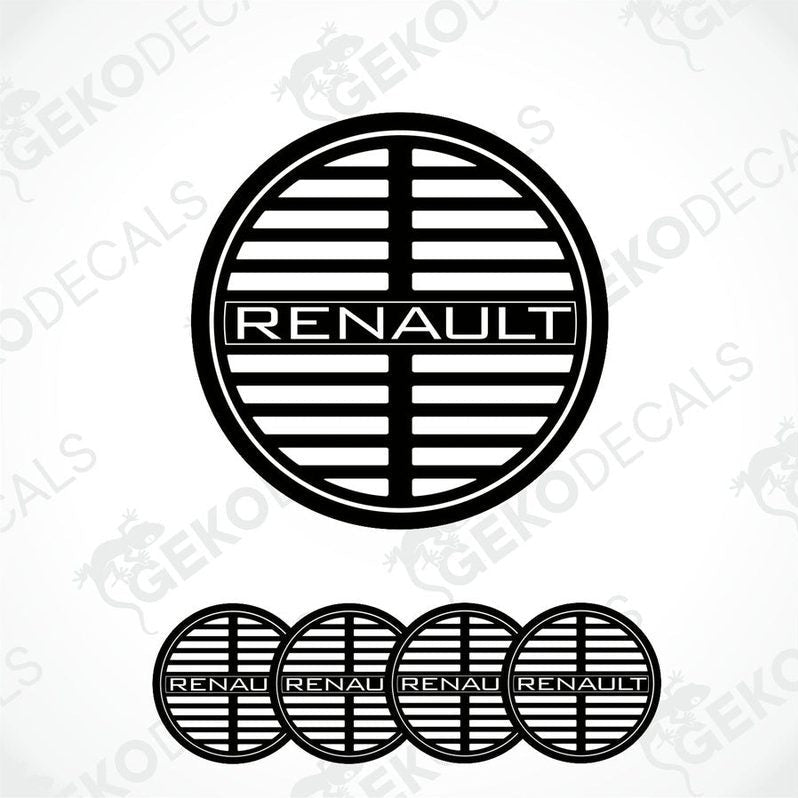 A set of four black and white vinyl stickers with the RENAULT brand logo.